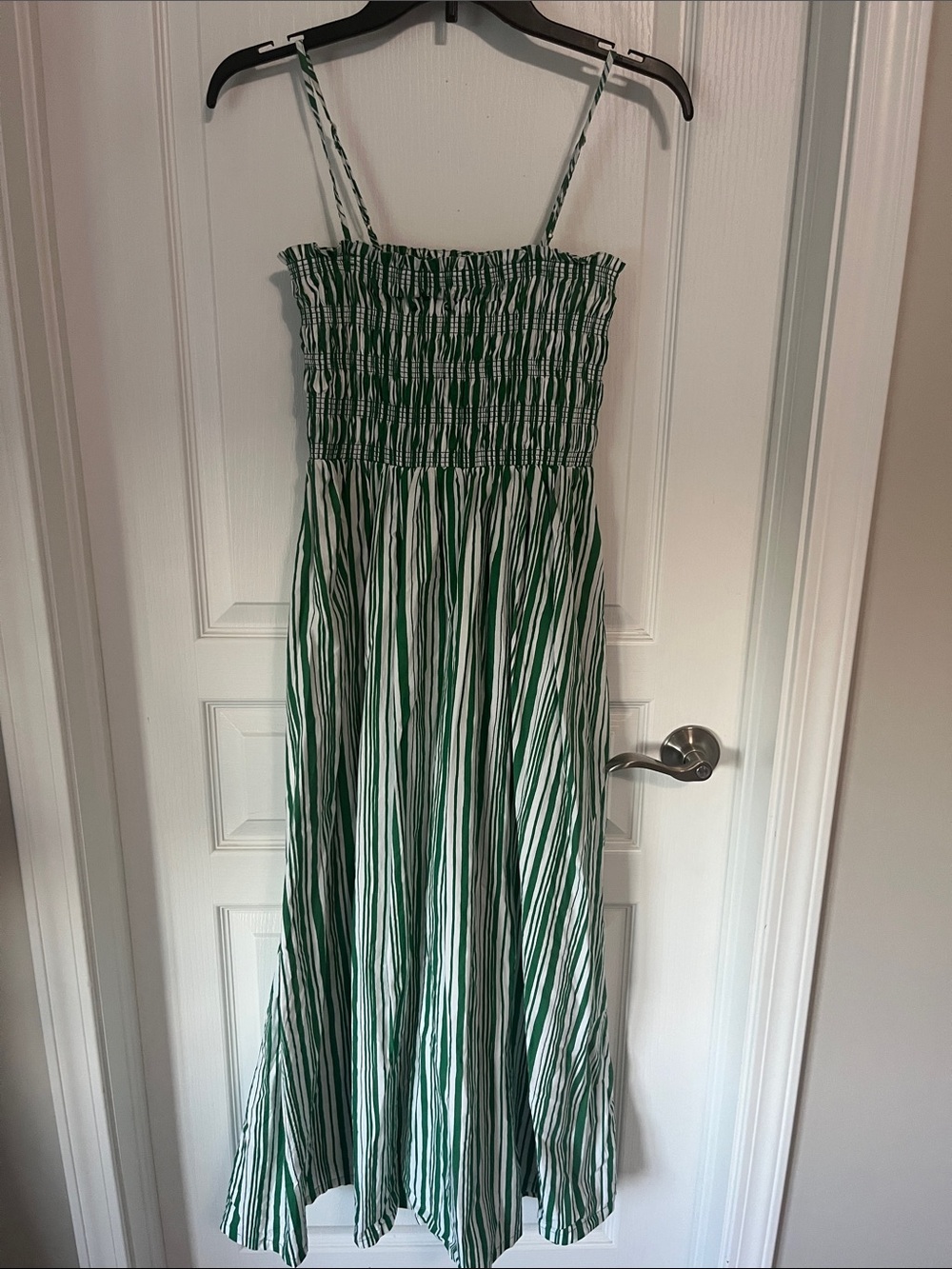 LOFT Green and White Striped Smocked Maxi Dress